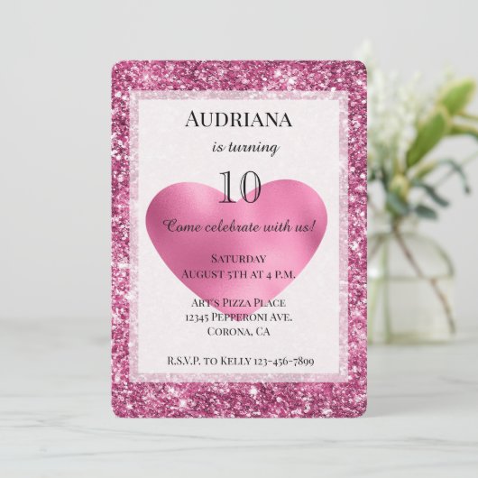 Pink Glitter Glam Heart Birthday Kaart (Staand voorkant)