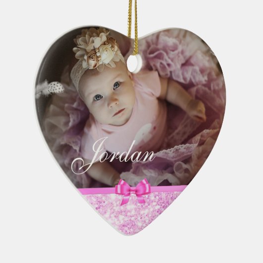 PInk Glitter Heart Baby Fotokerstversiering Keramisch Ornament (Rechts)