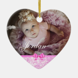 PInk Glitter Heart Baby Fotokerstversiering Keramisch Ornament
