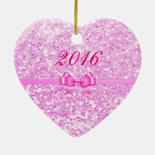 PInk Glitter Heart Baby Fotokerstversiering Keramisch Ornament (Achterkant)