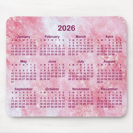 Pink Glitter Marble 2026 Calendar Muismat (Voorkant)