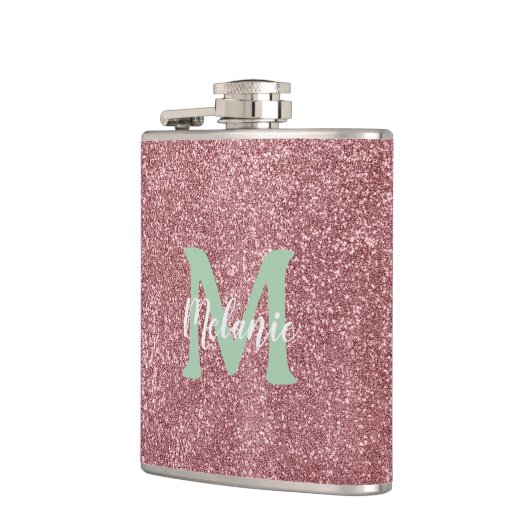 Pink Glitter Monogram Flask Chic Heupfles (Links)