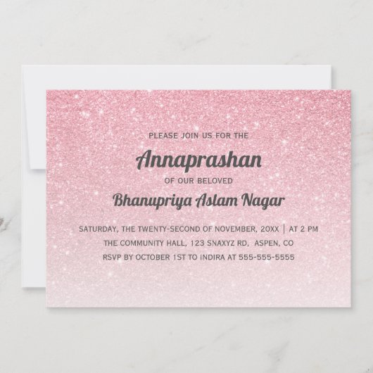 Pink Glitter Ombre Annaprashan First Rice Kaart (Voorkant)
