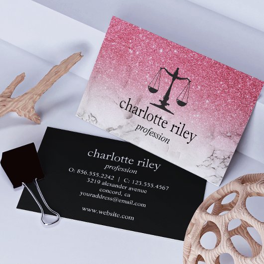 Pink Glitter Ombre Justice Scale Attorney Lawyer Visitekaartje