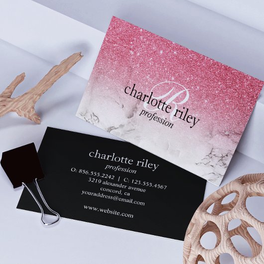 Pink Glitter Ombre Monogram Marble Salon Makeup Visitekaartje