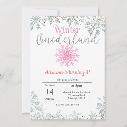 Pink Glitter Onederland Verjaardag Uitnodiging (Voorkant)