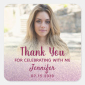 Pink Glitter Photo Birthday Thank You Vierkante Sticker (Voorkant)