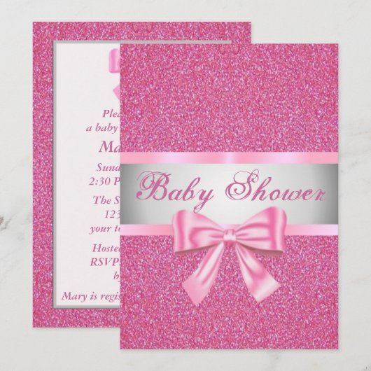 Pink Glitter Pink Bow Baby shower Uitnodiging (Voorkant / Achterkant)