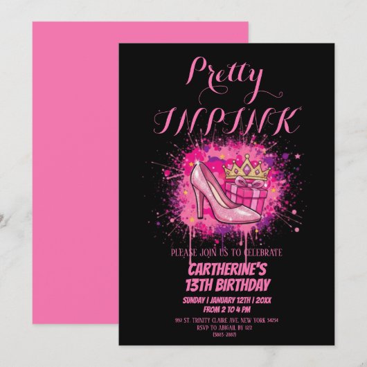 Pink Glitter Pretty in Pink Birthday Party  Kaart (Voorkant / Achterkant)