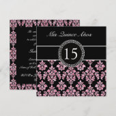 PINK GLITTER PRINTED, ZWARTE DAMASKQUINCEANERA KAART (Voorkant / Achterkant)