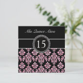 PINK GLITTER PRINTED, ZWARTE DAMASKQUINCEANERA KAART (Staand voorkant)
