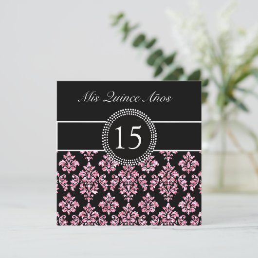 PINK GLITTER PRINTED, ZWARTE DAMASKQUINCEANERA KAART (Staand voorkant)