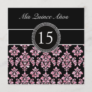PINK GLITTER PRINTED, ZWARTE DAMASKQUINCEANERA KAART