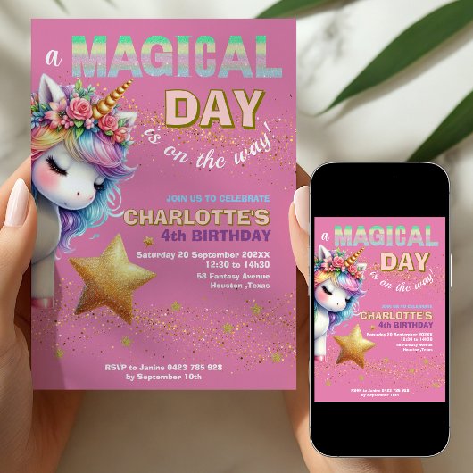 Pink Glitter rainbow unicorn 4th birthday Kaart