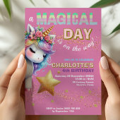 Pink Glitter rainbow unicorn 4th birthday Kaart