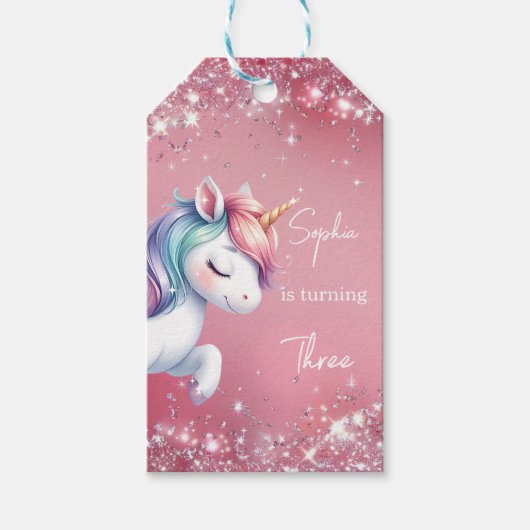 Pink Glitter Rainbow Unicorn Birthday Cadeaulabel (Voorkant)