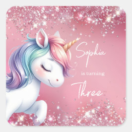 Pink Glitter Rainbow Unicorn Birthday Vierkante Sticker