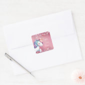 Pink Glitter Rainbow Unicorn Birthday Vierkante Sticker (Envelop)
