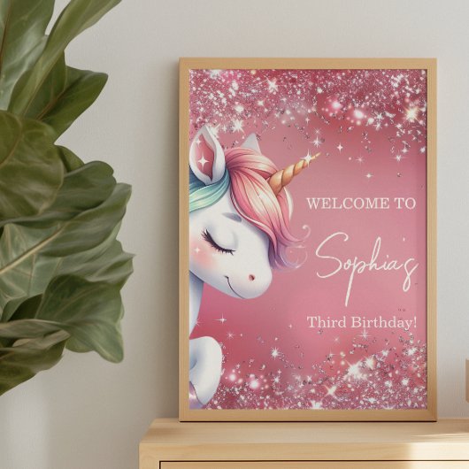 Pink Glitter Rainbow Unicorn Birthday Welcome Perfect Poster