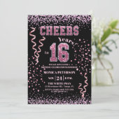 Pink Glitter Rhinestones 16th Birthday Party  Kaart (Staand voorkant)