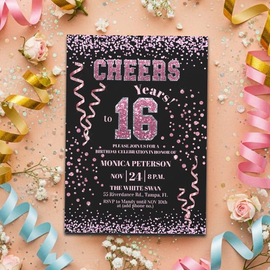 Pink Glitter Rhinestones 16th Birthday Party  Kaart