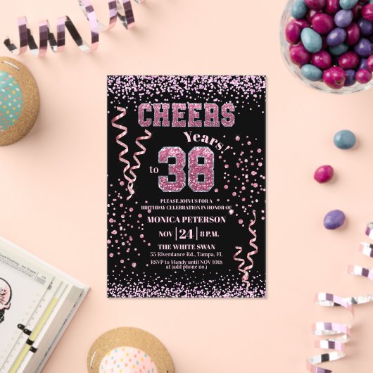 Pink Glitter Rhinestones 38th Birthday Party  Acryl Uitnodigingen (Insitu (Viering))