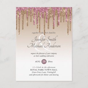 Pink GlITTER Roos Gold WEDDING INVITATION Briefkaart