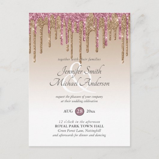 Pink GlITTER Roos Gold WEDDING INVITATION Briefkaart (Voorkant)