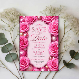 Pink Glitter Rose Glamorous Floral  Save The Date