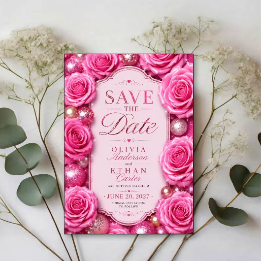 Pink Glitter Rose Glamorous Floral Save The Date