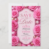 Pink Glitter Rose Glamorous Floral Save The Date (Voorkant)