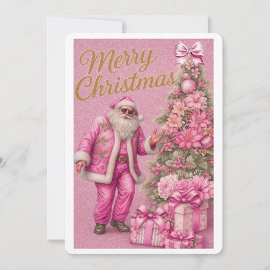Pink Glitter Santa & Christmas Tree Holiday Card Feestdagenkaart (Voorkant)