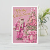 Pink Glitter Santa & Christmas Tree Holiday Card Feestdagenkaart (Staand voorkant)