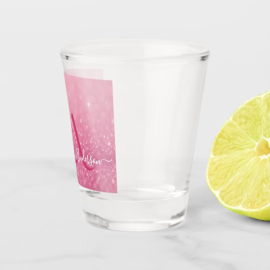 Pink Glitter Shot Glass met naam en Initialen Shot Glas (Rechts)