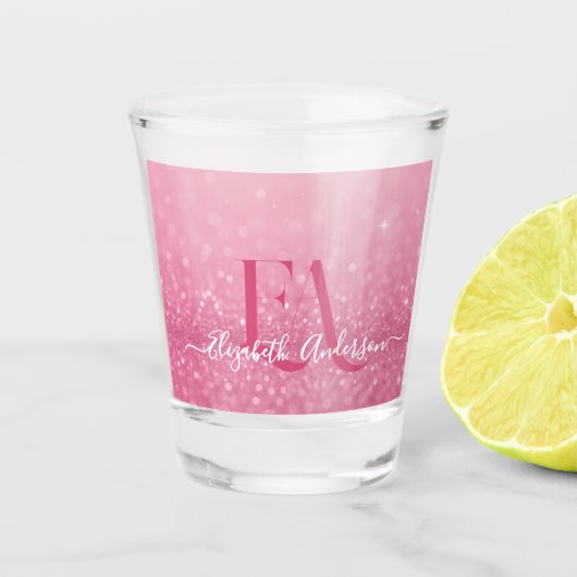 Pink Glitter Shot Glass met naam en Initialen Shot Glas (Voorkant)
