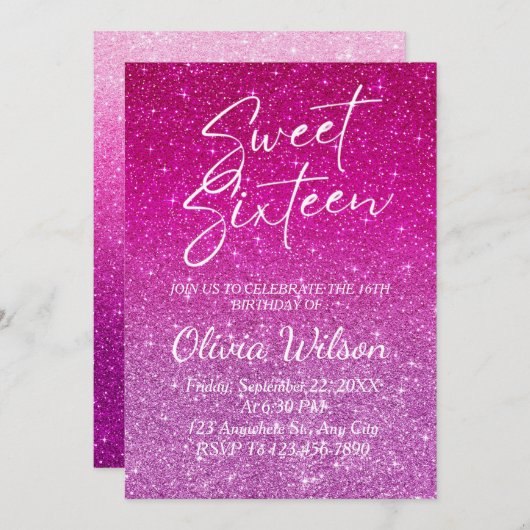 Pink Glitter Sparkles Ombre Sweet 16 Kaart (Voorkant / Achterkant)