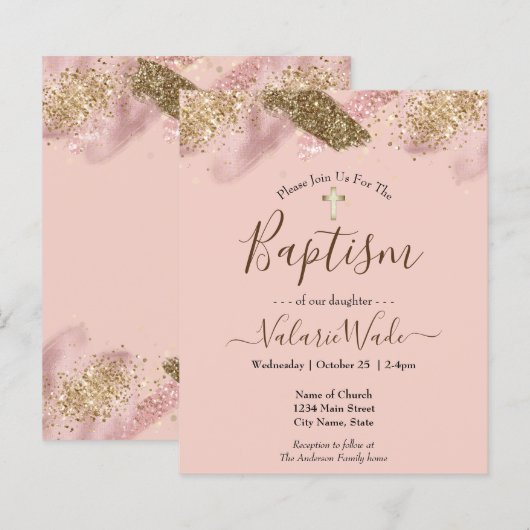 Pink Glitter Splash Baptism Budget Invitations (Voorkant / Achterkant)
