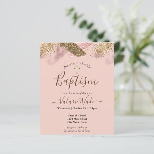 Pink Glitter Splash Baptism Budget Invitations (Staand voorkant)