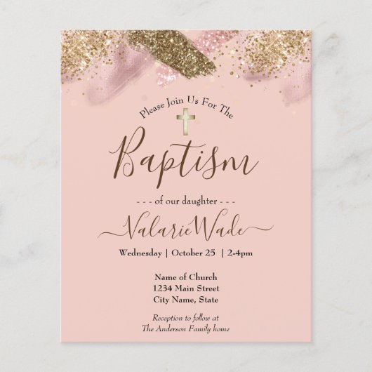 Pink Glitter Splash Baptism Budget Invitations (Voorkant)