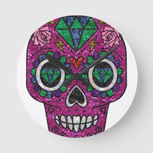 pink glitter sugar skull ronde klok (Voorkant)