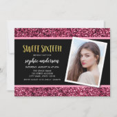 Pink Glitter Sweet 16 foto verjaardag uitnodiging (Voorkant)