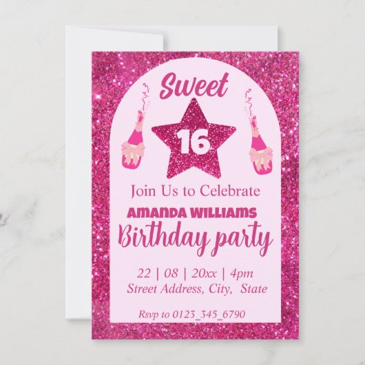 Pink Glitter Sweet 16 Verjaardag Uitnodiging (Voorkant)