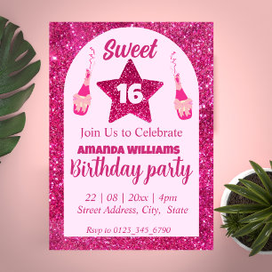 Pink Glitter Sweet 16 Verjaardag Uitnodiging