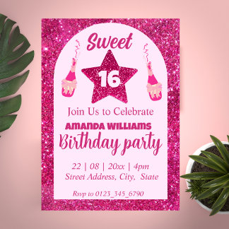 Pink Glitter Sweet 16 Verjaardag Uitnodiging