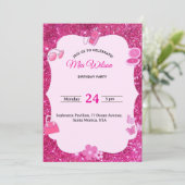 Pink Glitter verjaardagsfeestje uitnodiging voor m (Staand voorkant)