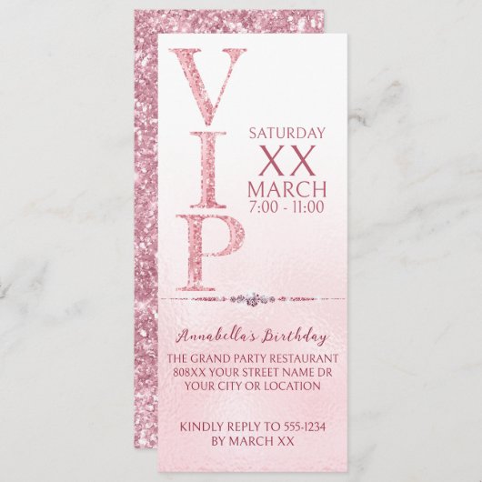 Pink Glitter VIP Ticket Kaart (Voorkant / Achterkant)