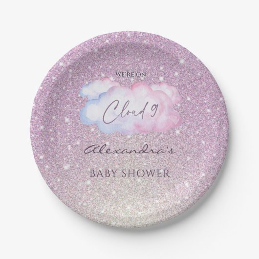 Pink Glitter Waterverf Cloud Baby shower Papieren Bordje (Voorkant)