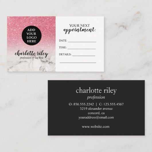 Pink Glitter wit Marble Cursive Uw Logo toevoegen Visitekaartje (Voorkant / Achterkant)