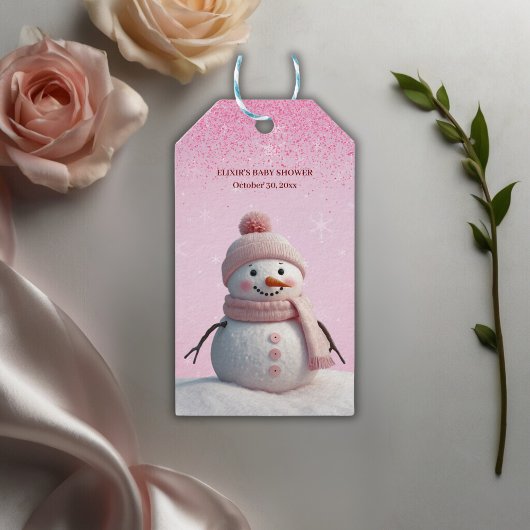 Pink Glitters Winter Snowman Baby shower Cadeaulabel