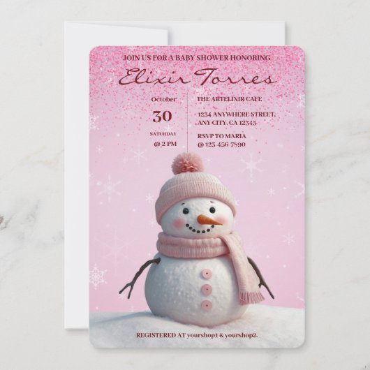 Pink Glitters Winter Snowman Baby shower Kaart (Voorkant)